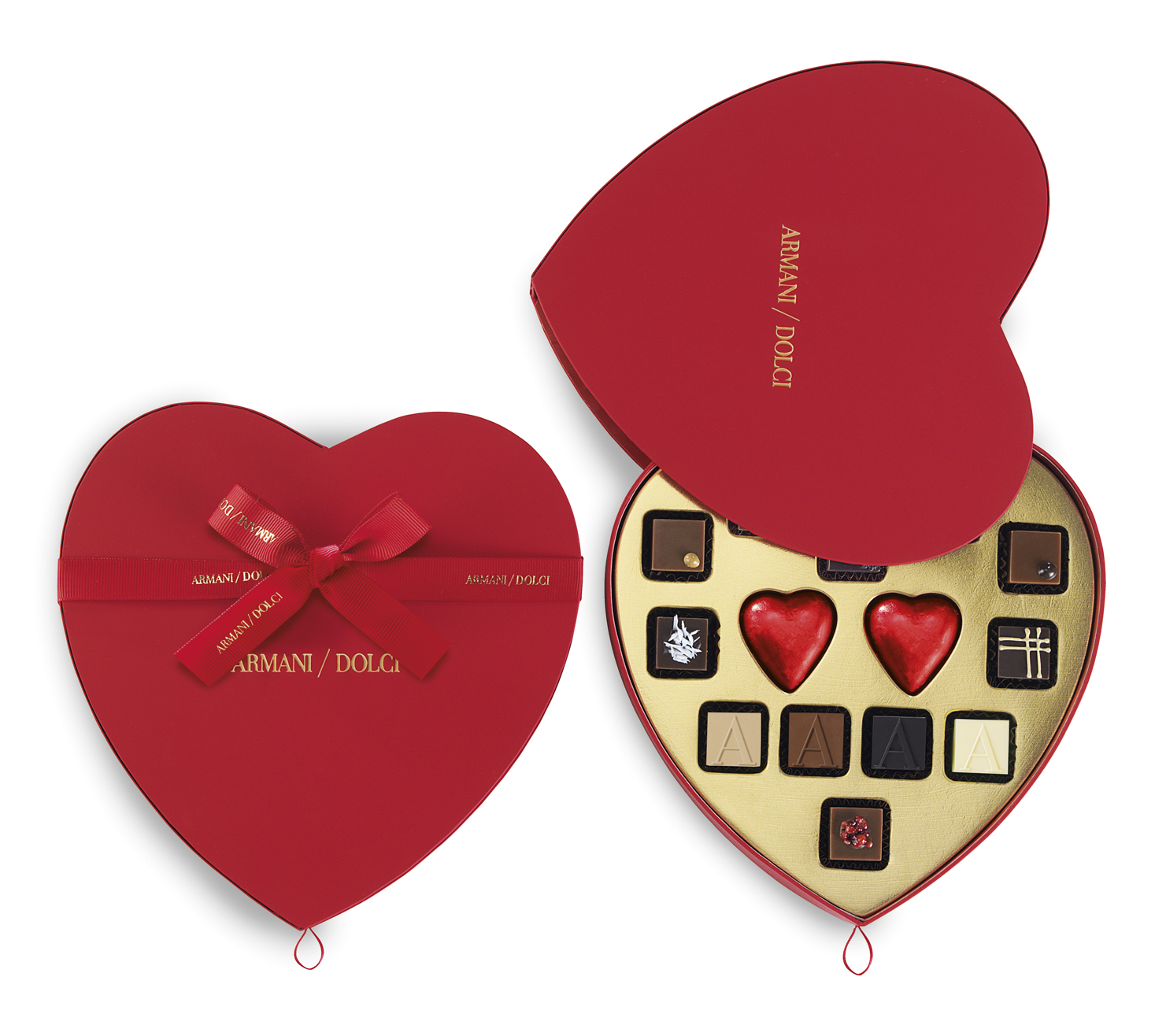 Armani/Dolci 2015情人節禮盒(2顆心型巧克力+12顆任選巧克力，限量50份) / NTD$ 1,680元。 