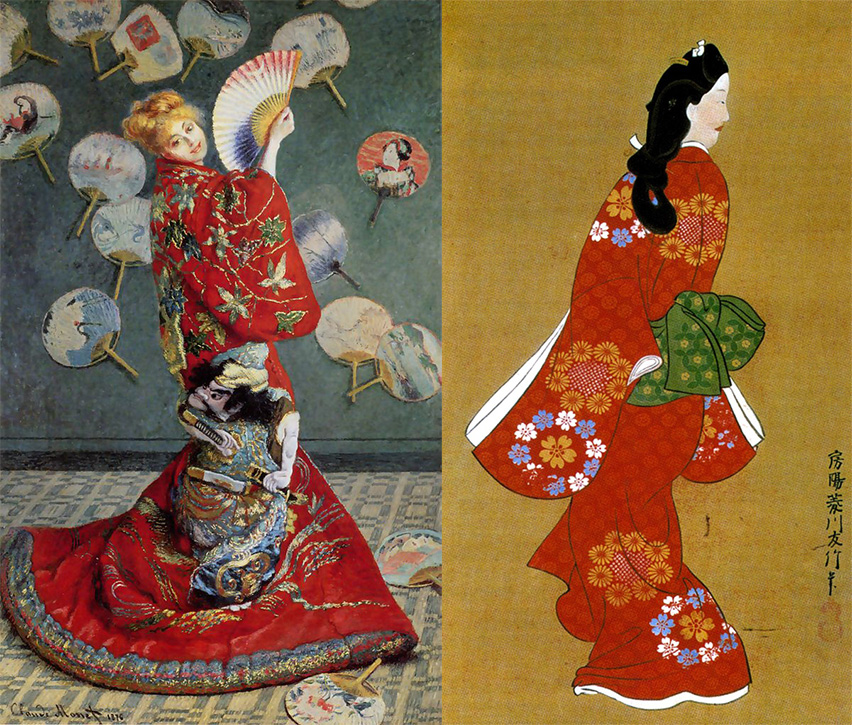 莫內 穿著和服的莫內夫人 菱川師宣 回眸美人照 印象派 浮世繪 日本 對照