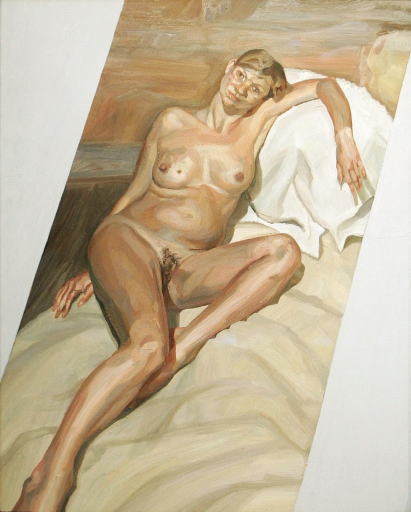 A portrait of British model Kate Moss by British artist Lucien Freud is seen at Christie