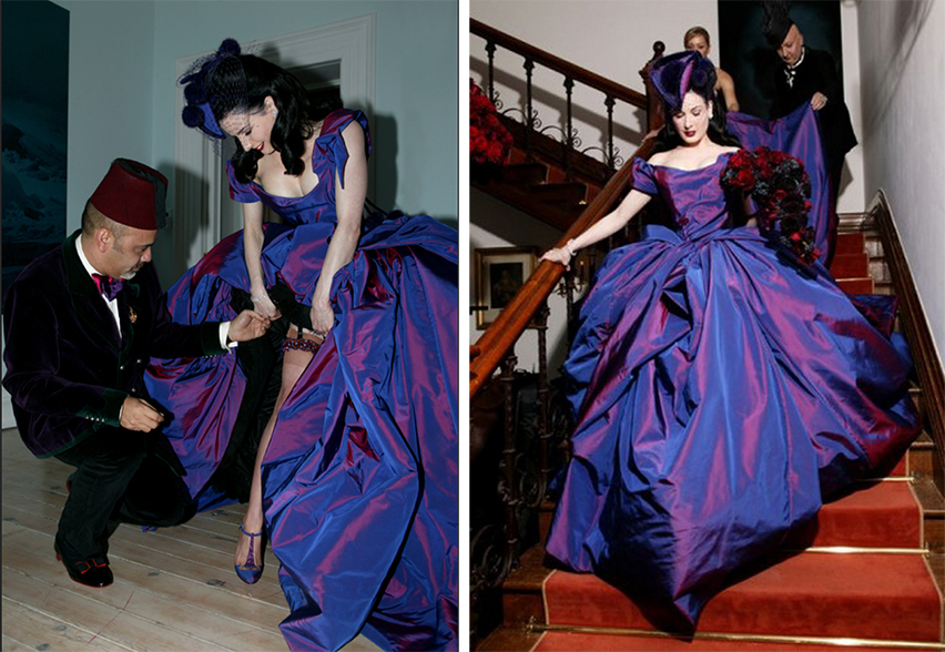 dita von teese purple wedding dress by vivienne westwood and purple shoes by christian louboutin
