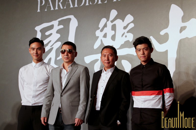 《軍中樂園》電影記者會，三位主角阮經天、陳建斌、王柏傑與導演鈕承澤合影。