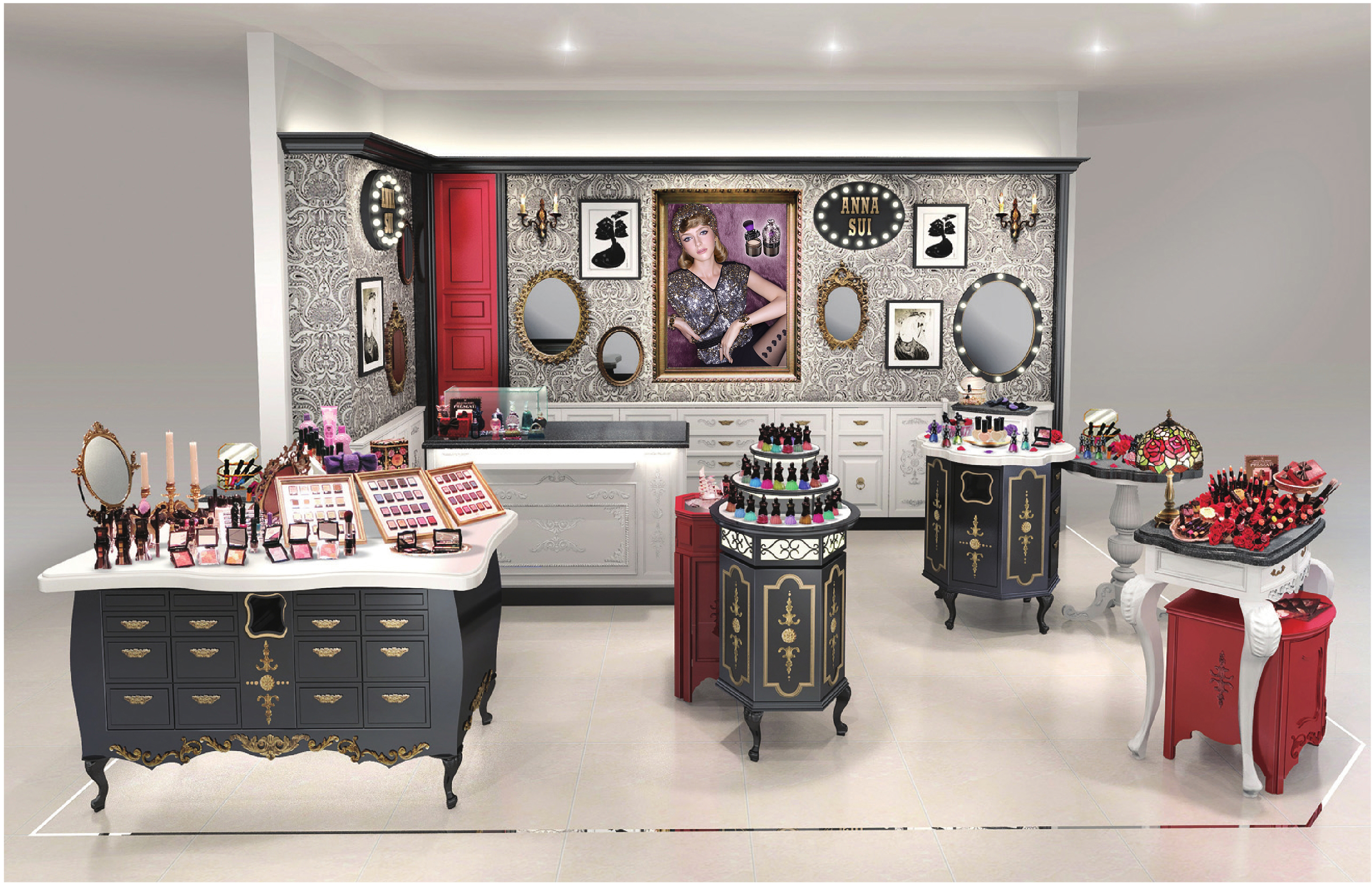 全新的ANNA SUI化妝品新形象概念櫃，將於10月起分別進駐南北兩大百貨，分別為：台北大葉高島屋、台南南紡夢時代。