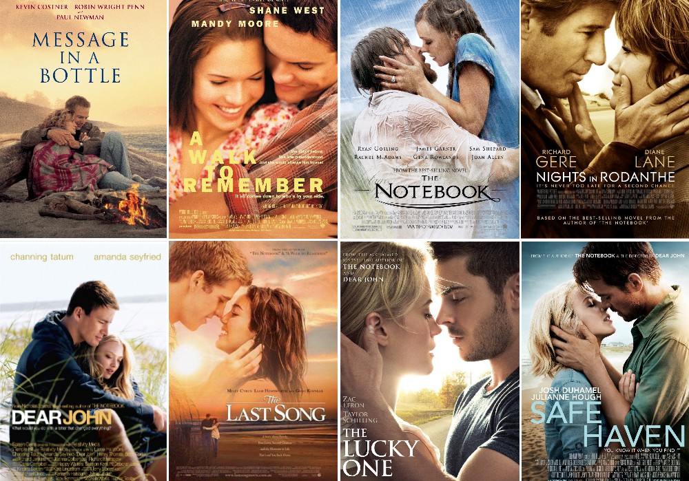 改編自尼可拉斯暢銷小說的8部電影海報，柔焦的場景加上男女主角的親密互動，皆是愛情電影海報常見的風格。