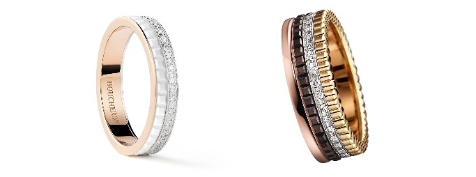 至於兩人定情婚戒則皆選擇法國珠寶品牌Boucheron；(左)林依晨婚戒款式為BOUCHERON的QUATRE WHITE雙環鑽戒。(右)林于超則為QUATRE CLASSIQUE窄版鑽戒。