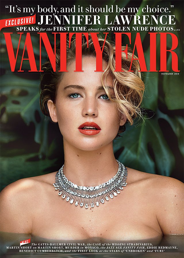 為了替將於11月上映的《飢餓遊戲：自由幻夢I》造勢宣傳，珍妮佛勞倫斯登上《浮華世界Vanity Fair》最新一期封面，展現性感野性美。