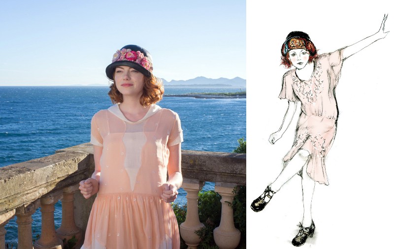 艾瑪史東身穿蜜桃色腰間打褶蕾絲洋裝；設計師Sonia Grande親手繪製的服飾草圖。