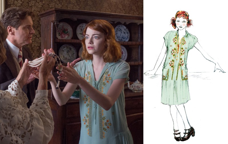 劇中艾瑪史東身穿草綠色紗質緹花洋裝；設計師Sonia Grande親手繪製的服飾草圖。