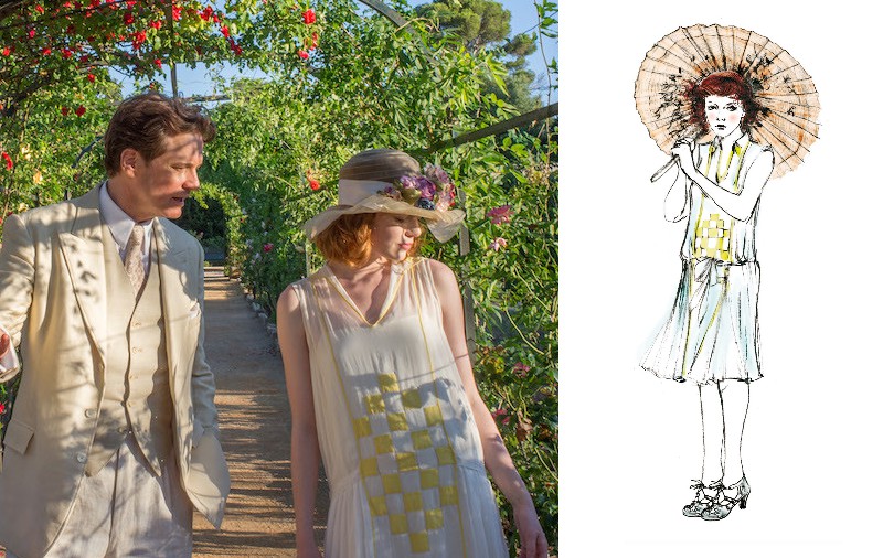 艾瑪史東身穿淡黃色並有鮮黃棋盤格裝飾的洋裝；設計師Sonia Grande親手繪製的服飾草圖。