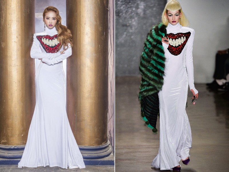 蔡依林身穿The Blonds 2014秋冬紅唇水鑽白色禮服，化身擁有七情六慾煩惱的希臘女神。