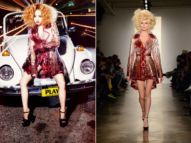 蔡依林頂著超誇張髮型，身穿The Blonds 2013秋冬紅色漸層透明風衣，演繹黑道大哥的女人。
