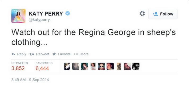 在訪問曝光沒多久後，凱蒂佩芮也在推特上留言說「當心披著羊皮的Regina George(電影《辣妹過招》女主角)」，讓這場天后之爭意外備受注目。
