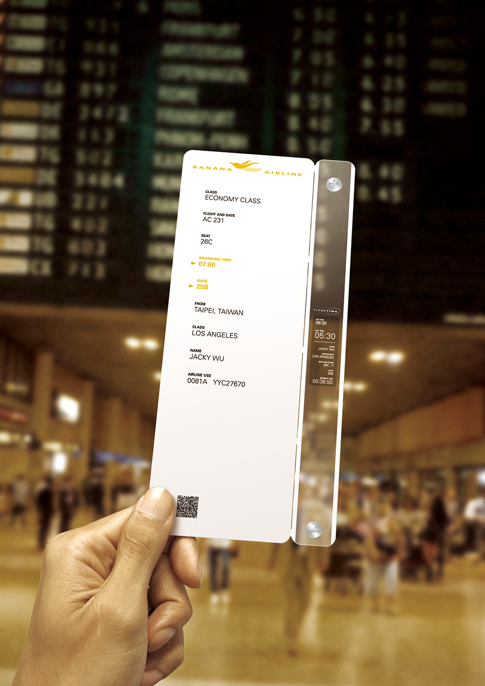 「電子登機證」，可當作電子紙手錶，顯示旅行期間的資訊及時間。