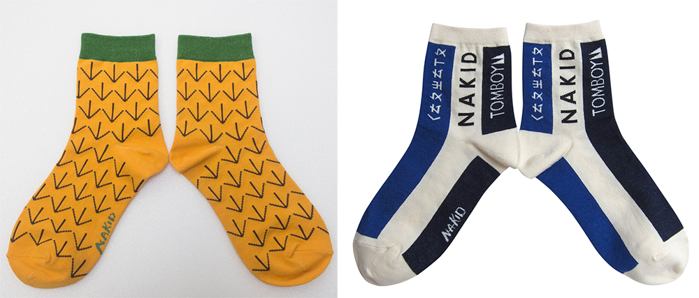 台灣自創襪子品牌NAKID充滿童趣的造型不分性別都可穿著。（左）關廟鳳梨 台灣水果系列棉襪，22-25cm，NT$300元、（右）蜻蜓橡皮擦款 文具系列棉襪，22-27cm，NT$400元。（NAKID／圖）