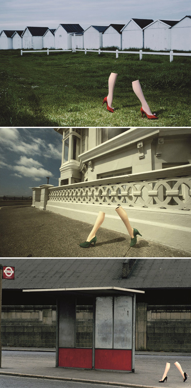 Guy Bourdin替Charles Jourdan拍攝的廣告中，有一系列是只有一雙女人的腿若無其事在大街上行走的作品，非常超現實