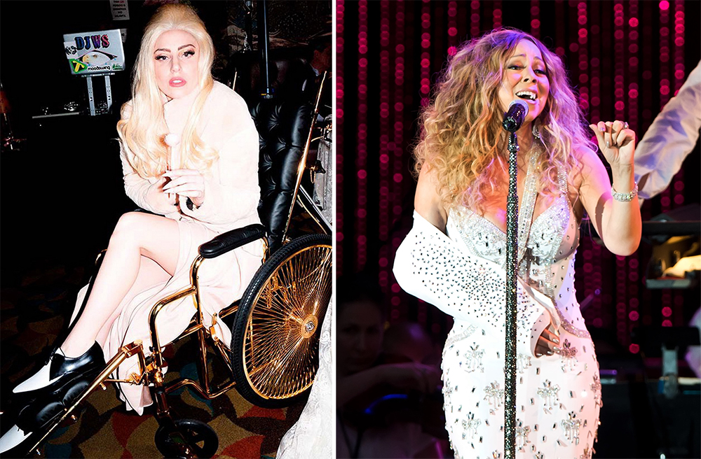 Lady Gaga的純金輪椅（左）；瑪麗亞凱莉戴著閃亮石膏現場演唱（右）