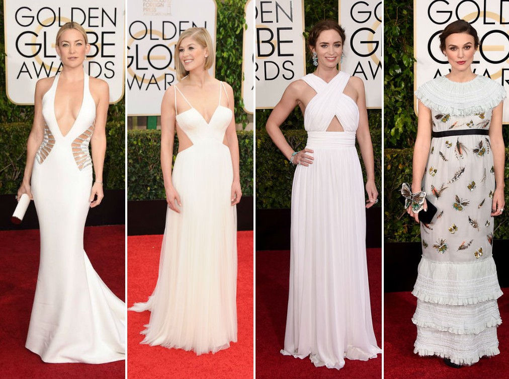 (左起)凱特哈德森、羅莎蒙派克、艾蜜莉布朗皆選穿有挖空設計的白色禮服；日前宣布懷孕的綺拉奈特莉，則穿上Chanel次有蝴蝶印花的波希米亞風長洋裝。