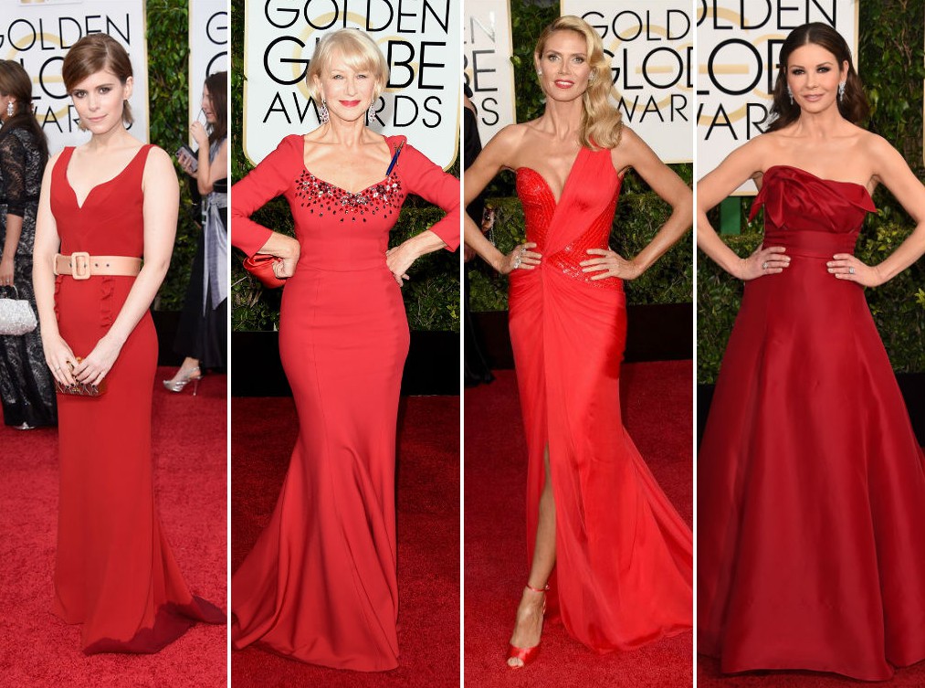 (左起)凱特瑪拉、海倫米蘭、海蒂克隆與凱薩琳麗塔瓊斯不怕與紅毯撞色，各自選穿大紅禮服展現熱情。
