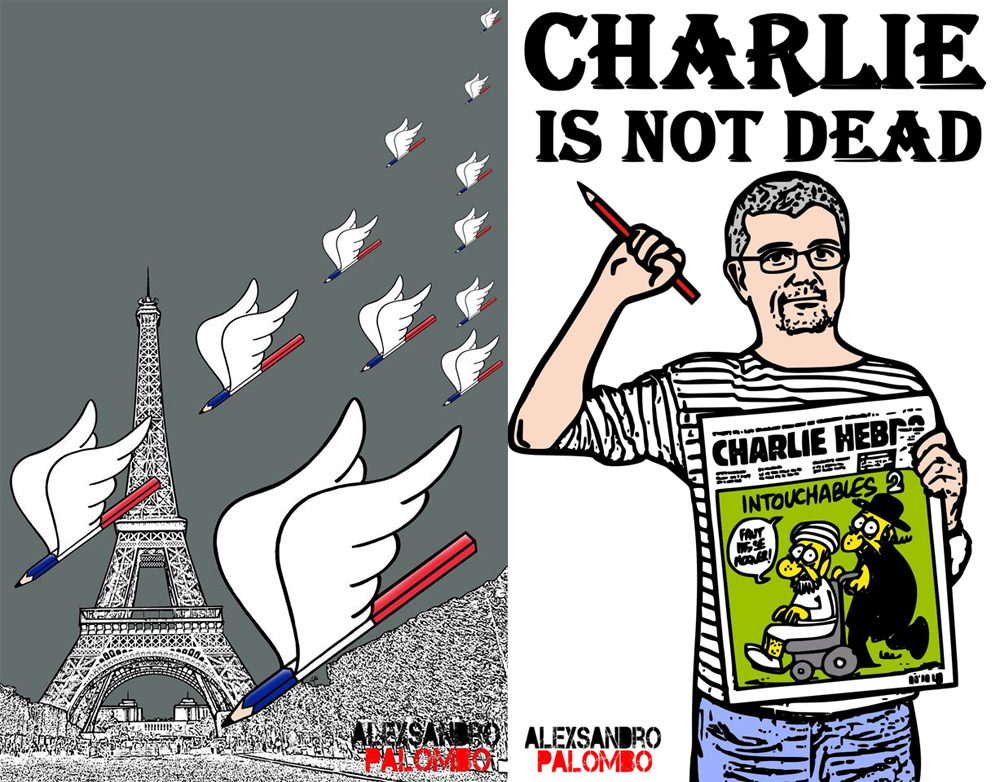 義大利時尚插畫家aleXsandro Palombo在《查理週刊》事件後，隨即發表兩幅作品聲援（圖／Humor Chic）