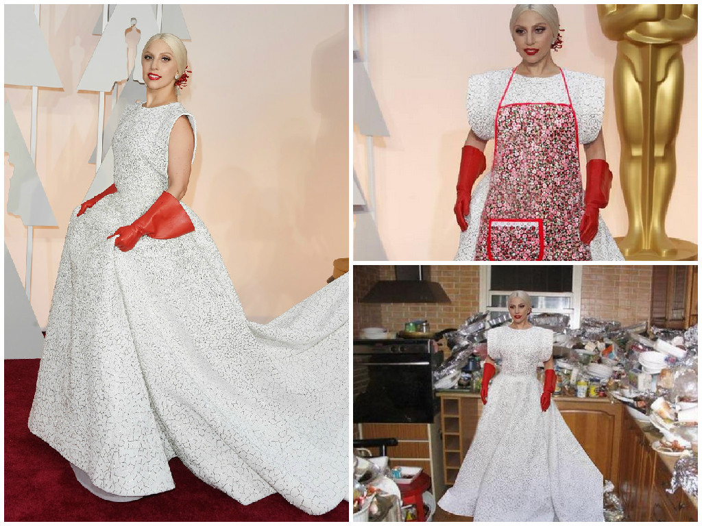 女神卡卡Lady Gaga今年的奧斯卡紅毯造型，被網友們惡搞成家政婦。