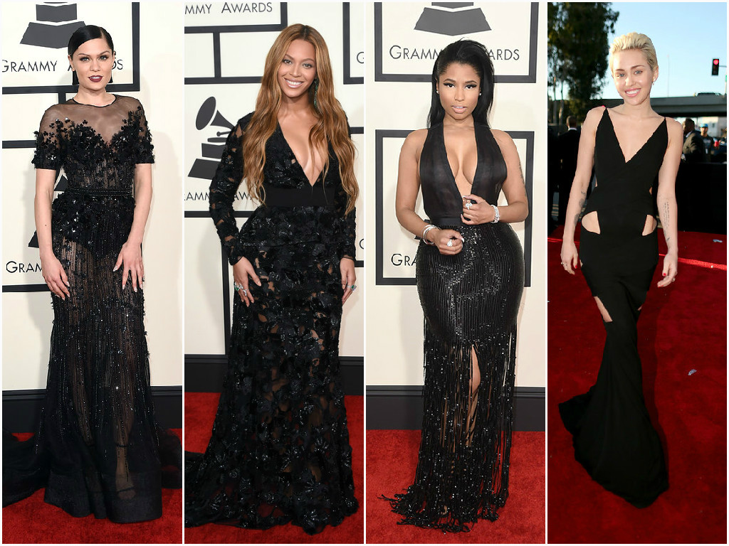 (左起)潔西J、碧昂絲、妮琪米娜與麥莉希拉則穿著黑色禮服亮相