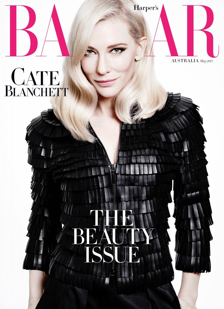 凱特布蘭琪身穿Armani黑色亮流蘇皮衣個性燈時尚雜誌封面