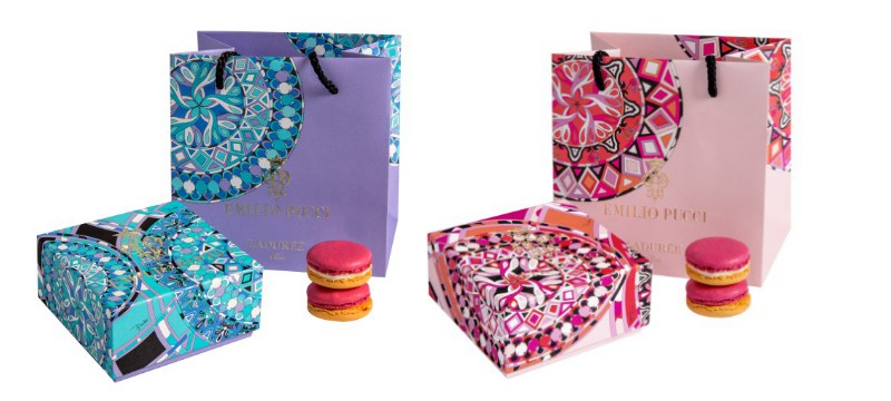 Ladurée XEmilio Pucci限量馬卡龍禮盒，共推出色彩亮麗的土耳其藍及珊瑚紅兩款，每款定價NT$1,180元(8入)。