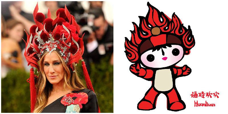 不過對於莎拉潔西卡帕克這吸睛搶眼的頭飾，倒有網友認為實在太過神似2008年北京奧運的吉祥物福娃歡歡。