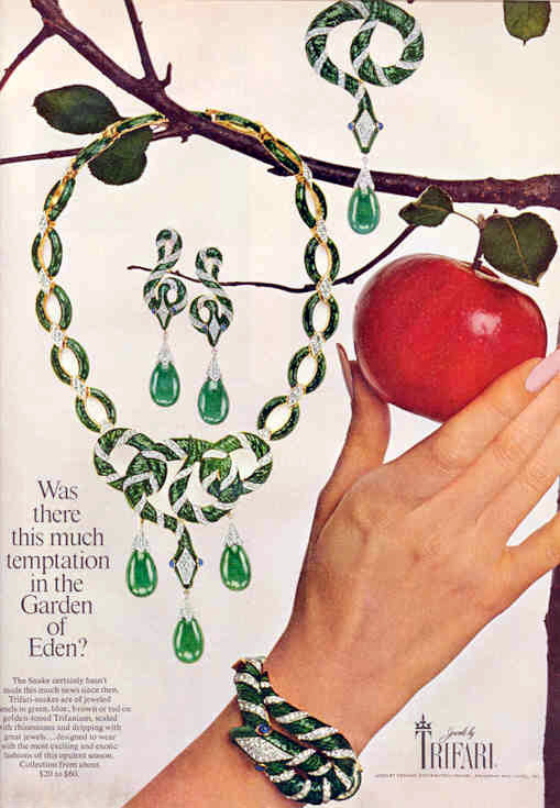 古董珠寶龍頭品牌Trifari 1968年在Harper's Bazaar刊登的伊甸園系列套組廣告稿。