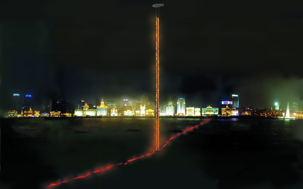 2001年，蔡國強在上海的《APEC景觀焰火表演：天梯》提案，但最因911衍生的安全考量而擱淺。(圖/ 蔡工作室)