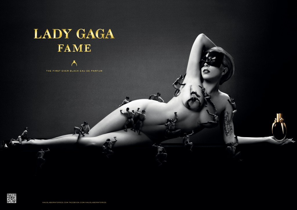 Lady Gaga  Fame超人氣女性淡香精，香水特別的黑色液體與神秘的廣告風格很搭。 (圖/Gagapedia)