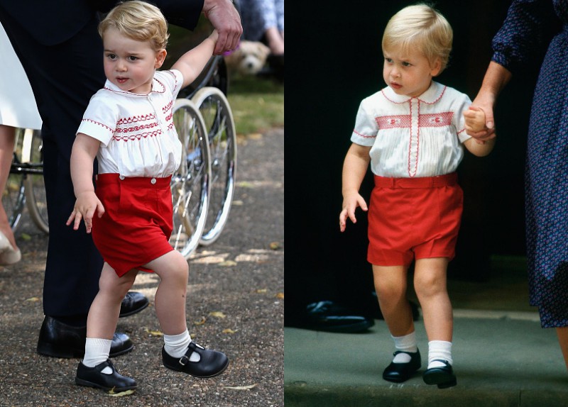 喬治小王子這件由設計師Rachel Riley打造的白衫紅褲造型，和爸爸30年前的造型幾乎一模一樣。